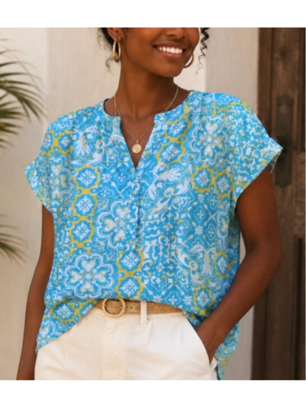 Ann Taylor Linen Top 4 Button Short Sleeve Blue Yellow Size M